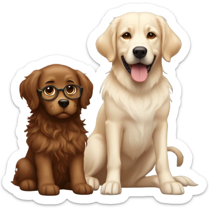 Smiling girl with long dark wavy brown hair and red glasses next to a small shaggy golden Labrador dog with brown eyes sticker