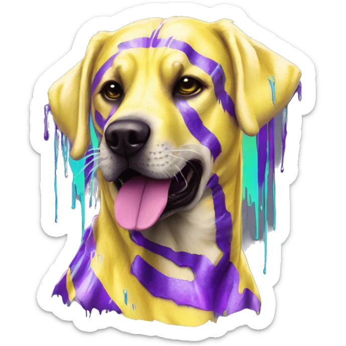 .Zombie_ Vaporwave black holographic oilslick zombie yellow Labrador zombie dog yellow caution tape graffiti stripes iridescent blue purple mane yellow stripes sticker