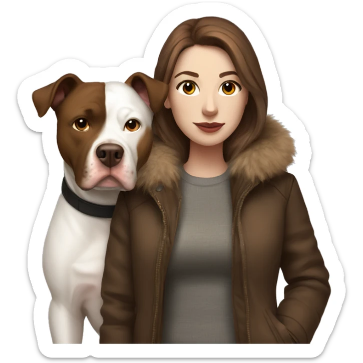 white woman with long brown hair in a furry jacket standing alongside a white pitbull with a brown patch around his eye sticker