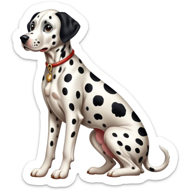 Cinematic Realistic full-body portrait of a Dalmatian dog, rendered with glossy, meticulously detailed spotted fur and expressive, alert eyes, set against a clean, neutral backdrop that highlights its regal and athletic stance. sticker