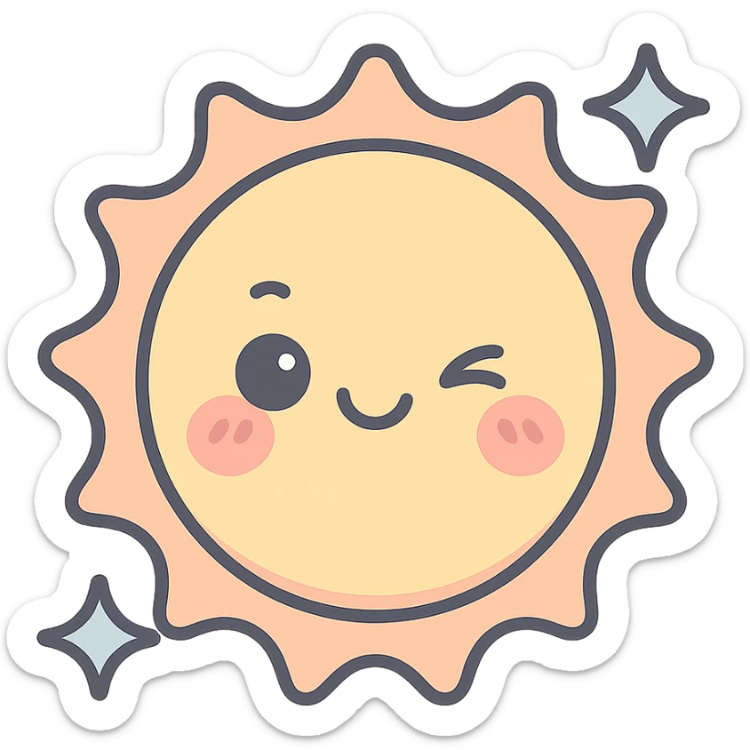 winking kawaii sun with sparkles, icon-color-outlined style, detailed shading, thin clean outlines, soft rounded features, pastel palette #98B5BC #B5B3C1 #C9A3C9 #E4C0CA #F7DCD1 #F7C0AA, modern Japanese pop art, sticker aesthetic, highly detailed, vector clarity, soft lighting, subtle shadows, transparent background sticker
