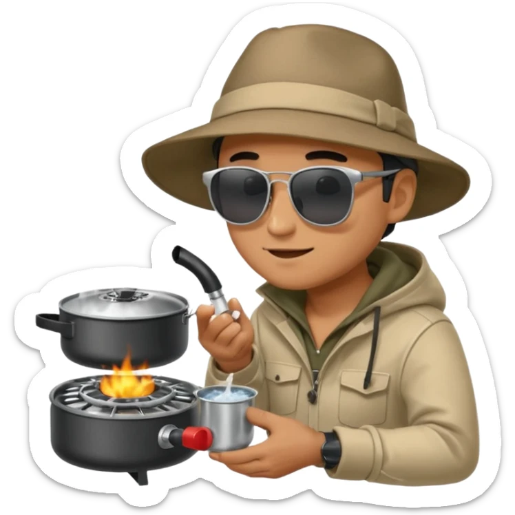 A man camper boiling water on a portable stove, enjoying the outdoor sticker