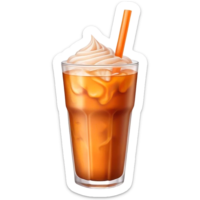 Cinematic Realistic Thai Ice Tea Drink Emoji, depicted as a chilled glass of sweet, creamy iced tea rendered with vivid textures and refreshing, dynamic lighting. sticker