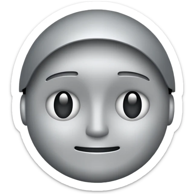 minimalist illustration of a neutral gray emoji face, pixelated and metallic, representing emotional isolation through algorithms. cold tone, grayscale color palette, subtle noise texture, geometric and mechanical look, emotionless expression, digital abstraction, soft vignette on white background. sticker