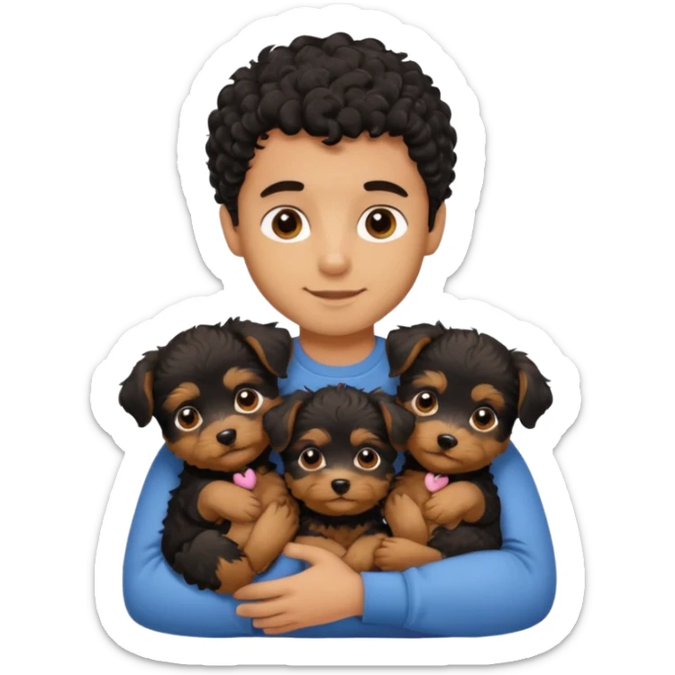 Young man with little brown skin, black curly hair, cheerful dark brown eyes, hugging two baby puppies Yorkie Breed sticker