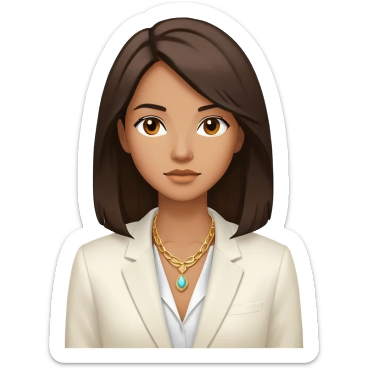 Emoji femenino con cabello suelto medio largo hasta los hombros color castaño oscuro. Tono de piel bronceado. Viste blazer color blanco y blusa de vestir blanca. Lleva tres collares  dorados sin piedra. Minimalista, clasico sticker