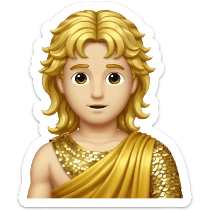Mercury from Roman Deities with long gold wavy hair, gold sequin toga sticker
