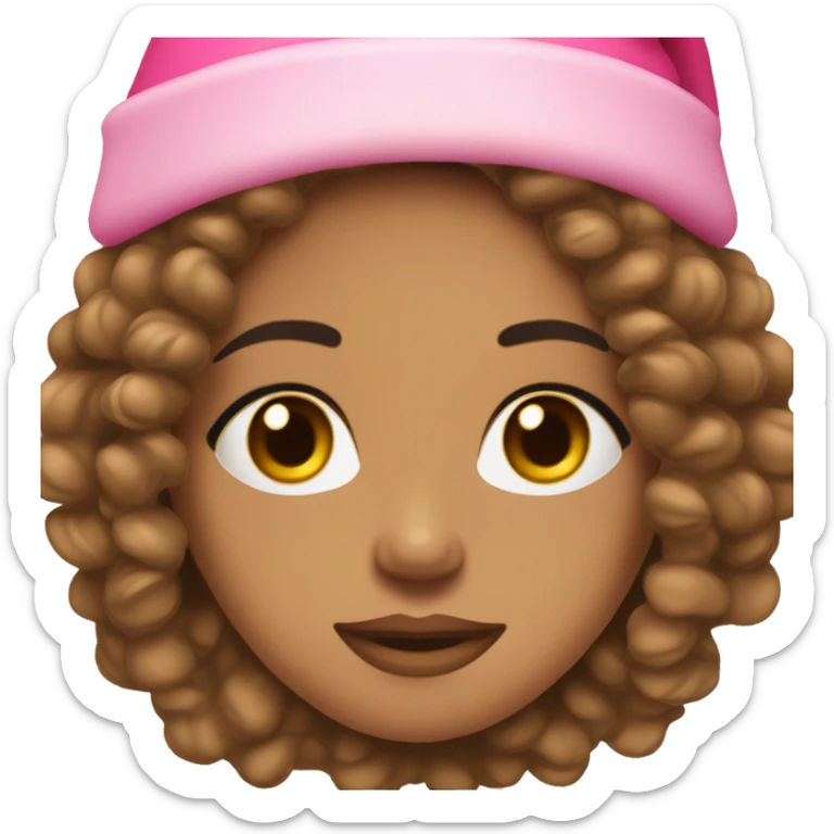 light brown skinned pretty woman with long black curly hair and almond brown eyes with pink christmas hat with big lips sticker