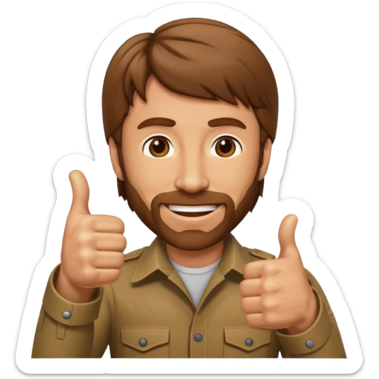 cartoon emoji of Chuck Norris, wild hair, confident grin, thumbs up sticker