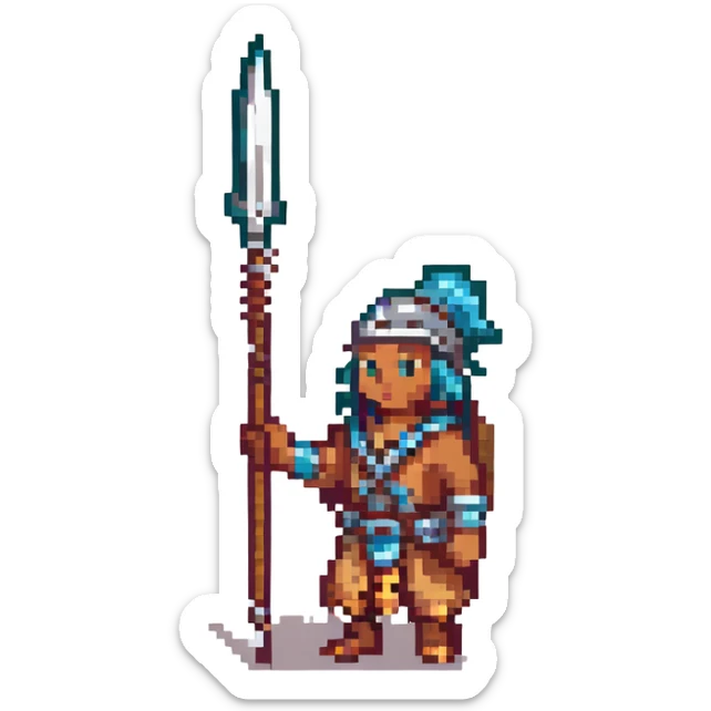 tribal colonist from RimWorld, pixel art style, holding a spear sticker