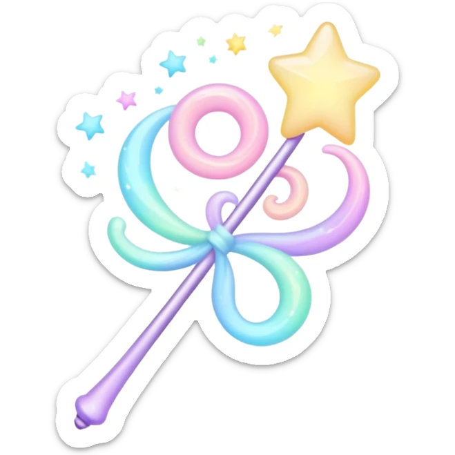 Cinematic cute magical wand, pastel swirls of color, tiny twinkling stars floating around, glowing softly, chubby rounded edges, whimsical and dreamy. sticker