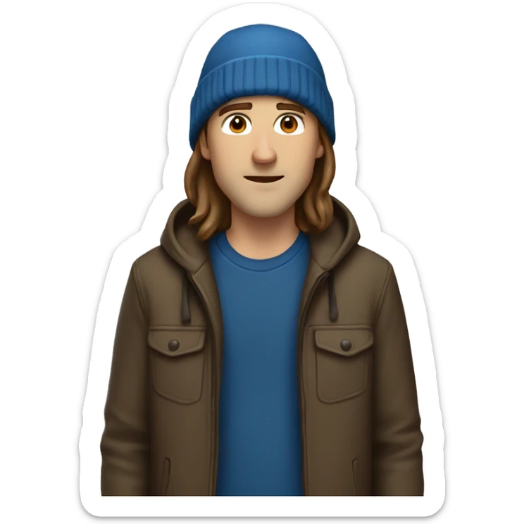 white man with long brown hair and brown beanie standing, wearing blue jacket sticker