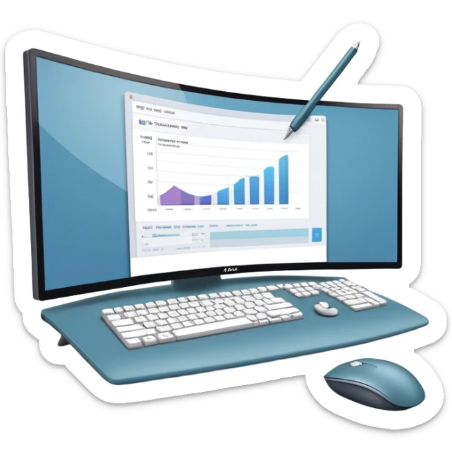 Create an emoji for UX/UI design. Large curved monitor, displaying UX/UI design interface. Include a mouse, keyboard, and stylus, symbolizing the design process. Use modern, professional colors. Do not include any emojis or smiley faces. Make the background transparent. sticker