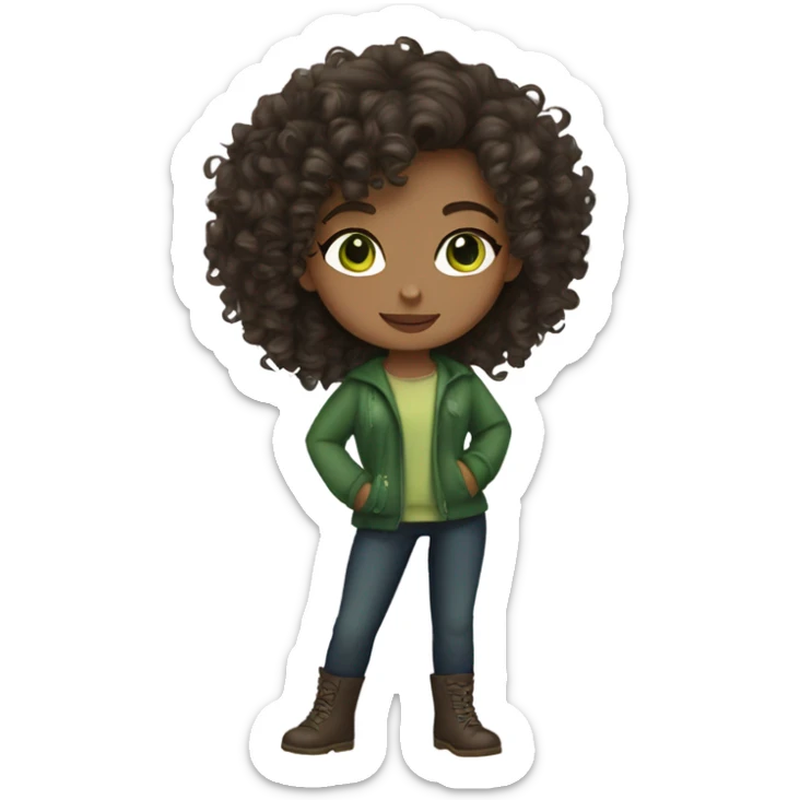 curly light-skinned girl with green eyes and dark brown curly long hair designer sticker