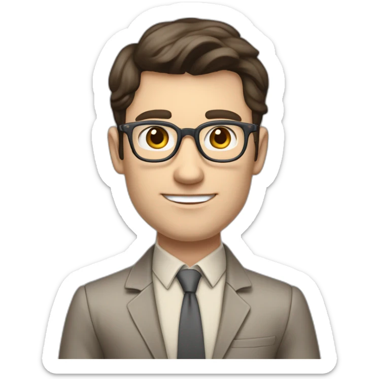 Pale skinned fit man with dark brown hair in gray jacket, beige office shirt, brown tie, brown pants and vintage glasses Writing text on the flipchart sticker