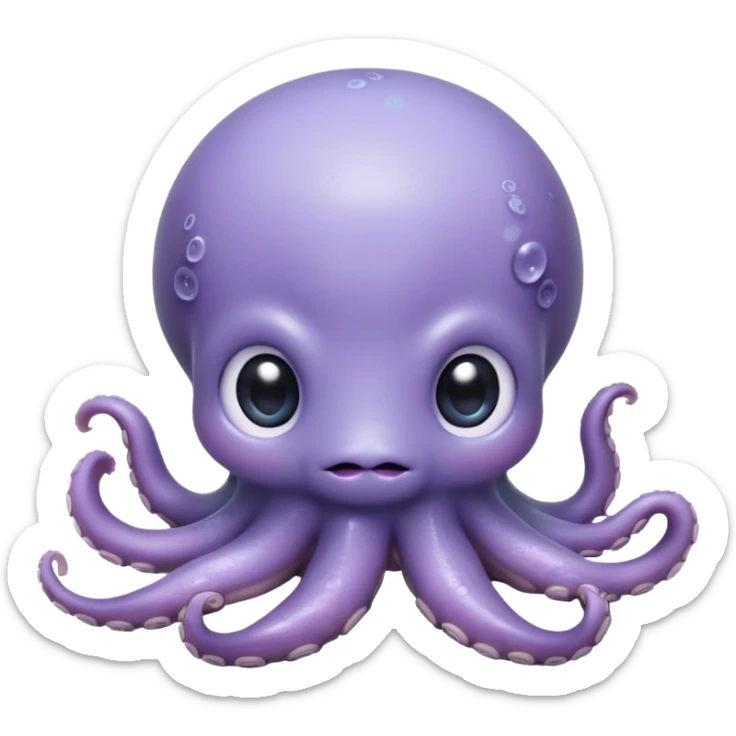 Cinematic Cute Shy Baby Octopus Portrait Emoji, Tentacles tucked slightly inward in an adorably bashful pose, featuring a softly glowing, round light blue-purple body with enormous, soulful eyes peering out timidly, Simplified yet irresistibly adorable features, highly detailed, glowing with a delicate, soothing marine radiance, high shine, quiet yet expressive, stylized with an air of gentle mystery, soft glowing outline, capturing the essence of a tiny, shy deep-sea creature that seems as if it could slowly peek out and explore the world with cautious curiosity! sticker