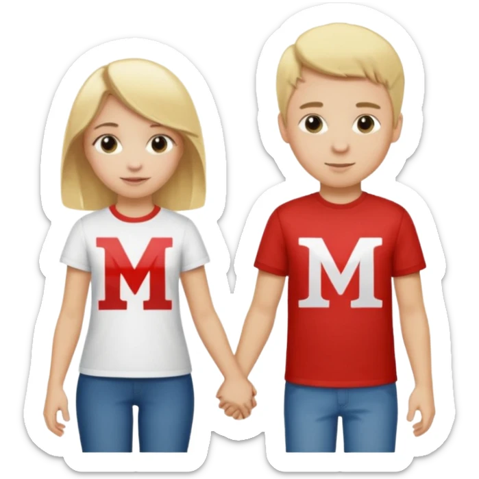 blonde girl and boy, girl with M letter shirt, boy with J letter, holding hands  sticker