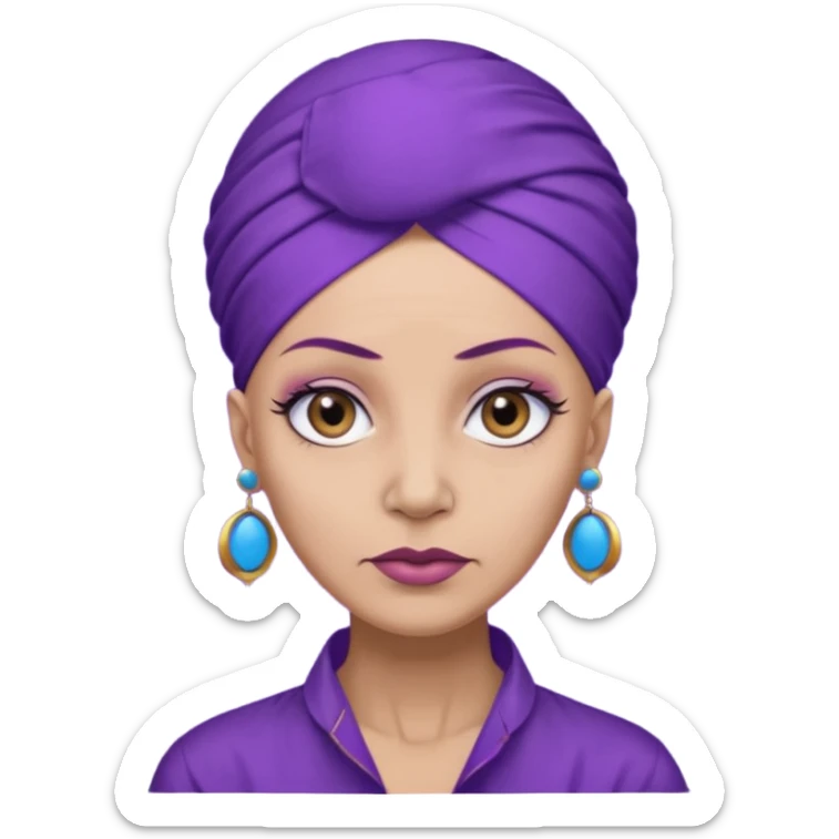 make her skin purple, she has no hair and her eyelashes are huge and she's old and and mean looking with a purple turban with big blue circle earrings and a purple big collared shirt sticker