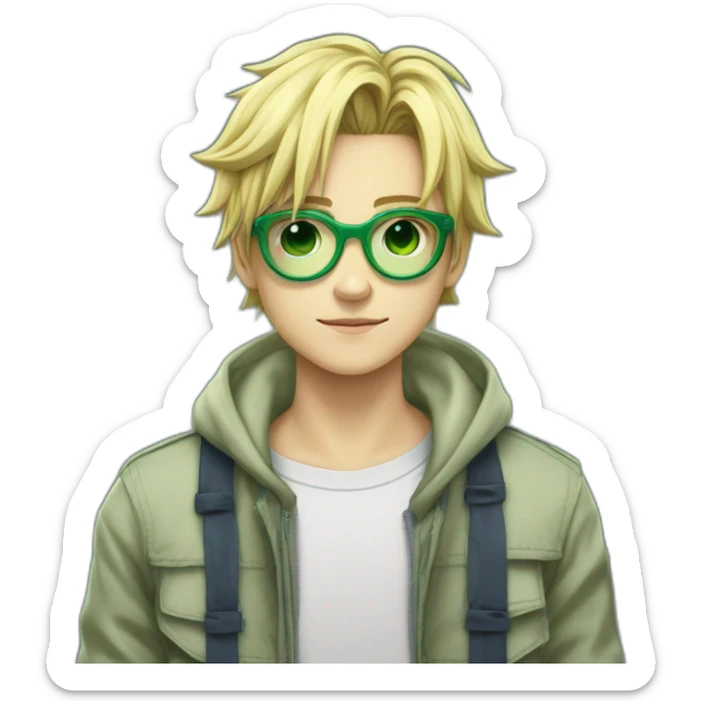 Un grand adolescent blond aux cheveux moyennement courts a lunettes avec du duvet , un sweat hunterxhunter vert avec la tête de gon freecs , ainsi qu'un jean qui tombe sur ses chaussures sticker