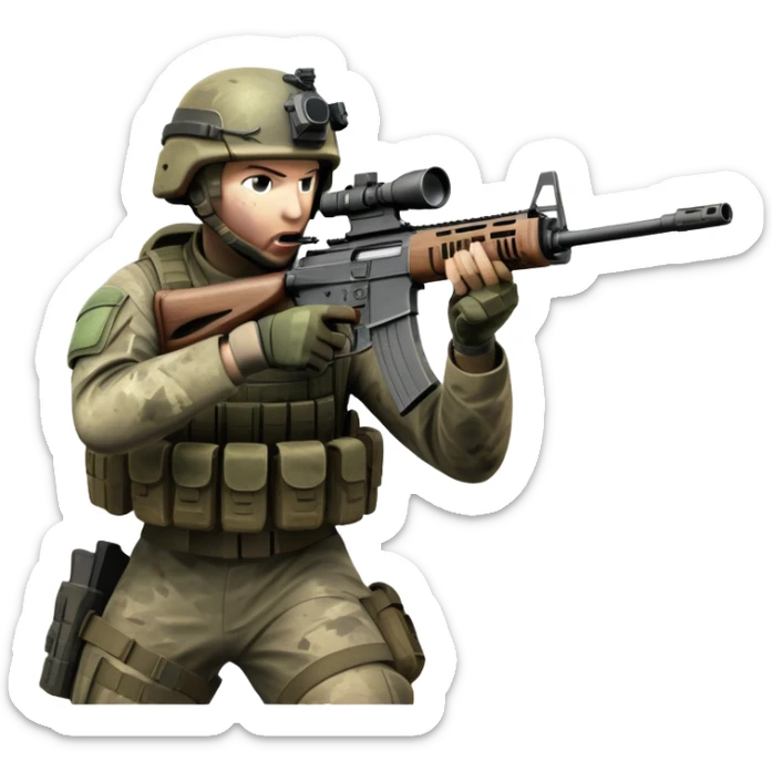 An icon showing a soldier in combat gear, aiming with a rifle in a war-torn environment, inspired by Call of Duty Modern Warfare 2. The design features explosions, smoke, and a tense battlefield. The action-packed atmosphere is highlighted with dynamic effects. Transparent background. sticker