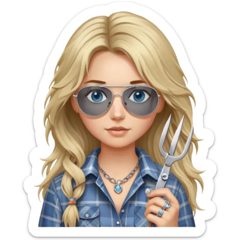 girl with long blond messy hair wearing grey plaid shirt with blue eyes and aviator sunglasses wearing a ring on her silver necklace, holding scissors sticker