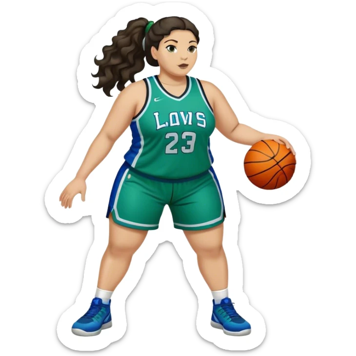 full body plus size light skin latino women basketball player with wavy dark hair in pony tail wide nose wearing blue green  uniform sticker