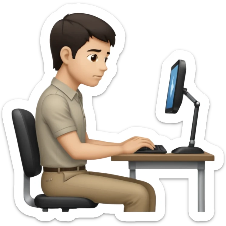  iOS emoji style - Side profile full body of a man sitting at a desk with very poor posture. He has dark hair and wearing a collared-shirt.   sticker