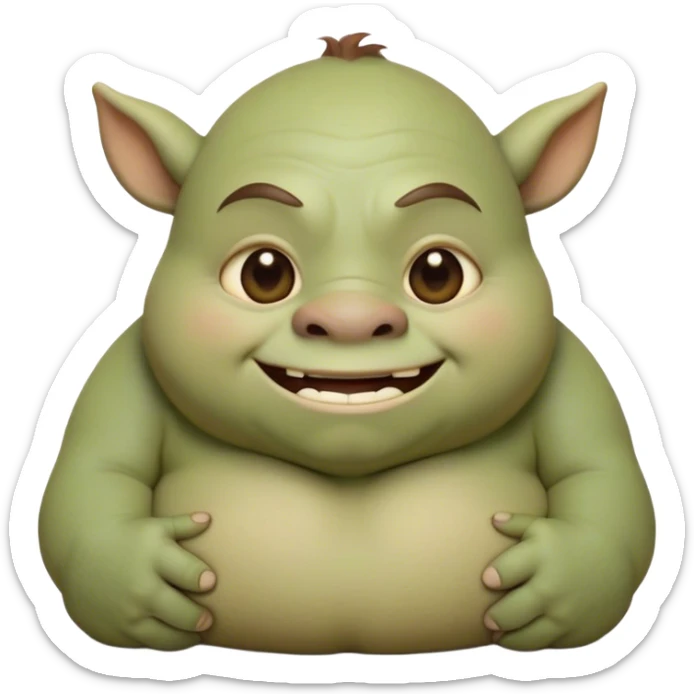 Cinematic Cute Ogre Portrait Emoji, with a surprisingly endearing, plump and huggable figure in soft earthy greens and browns, featuring big, kind eyes and a bashful smile, simplified yet irresistibly adorable, highly detailed with a soft glowing outline that captures the charm of a friendly giant who seems ready for a warm hug! sticker