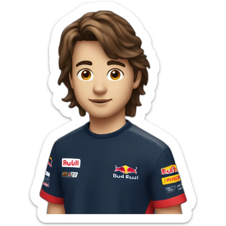 A 15 years old boy with long-brown hair and red bull  racing t-shirt sticker