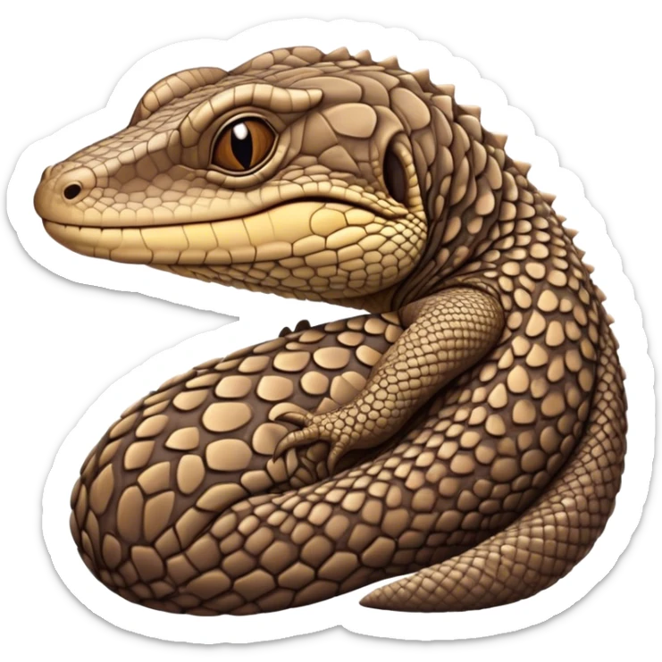 Meme-Worthy cute Sleeping brown camo spotted monitor Lizard Portrait Emoji, Head resting peacefully with a contented smile, showcasing intricately patterned scales and eyes gently closed in serene slumber, Simplified yet comically adorable features, highly detailed, glowing with a soft, drowsy earthy light, high shine, relaxed and utterly lovable, stylized with an air of playful laziness, bright and heartwarming, soft glowing outline, capturing the essence of a sleeping reptilian guardian that feels destined to become the next viral icon of adorable rest! sticker