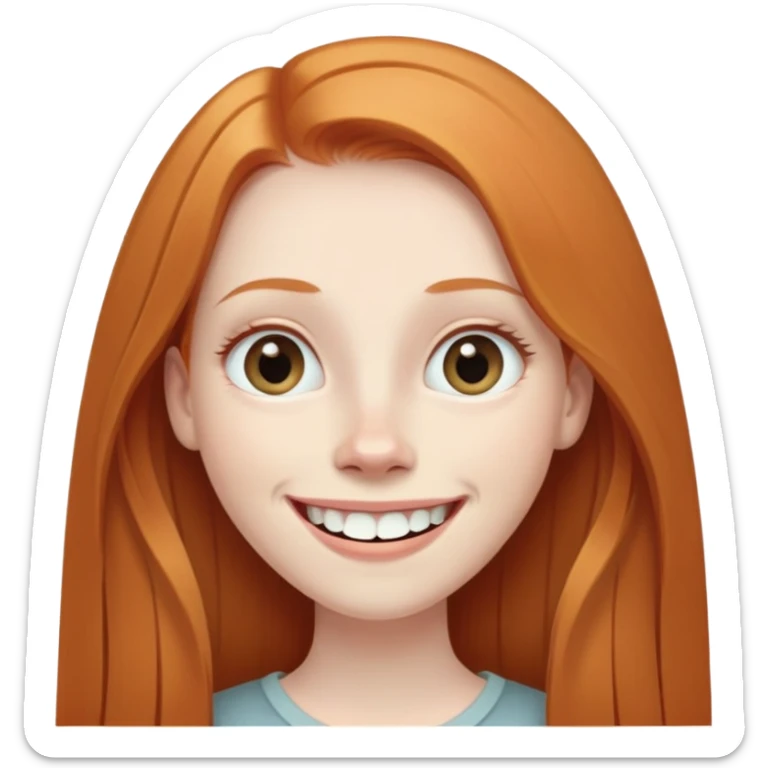 traditional emoji of young girl with very pale skin, long straight muted ginger hair (less vibrant), elongated oval face, bigger human-like eyes positioned close together, wide nose, friendly big smile with very large prominent teeth, less intense expression sticker