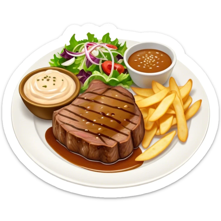 big juicy australian steak meal featuring chips, small salad in a ramikan and gravy in a small bowl on the plate sticker