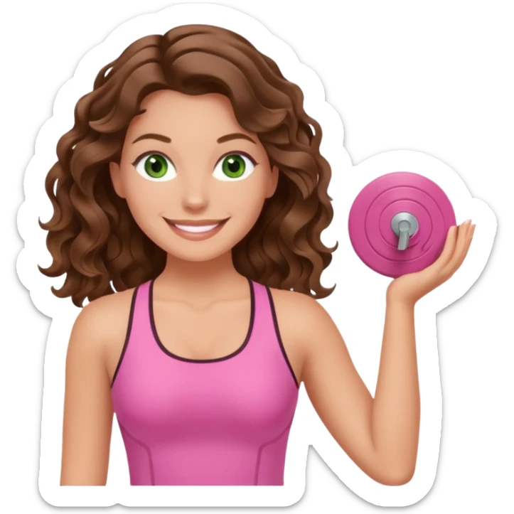 White, green-eyed, brunette cute feminine lady emoji with wavy hair doing pilates wearing pink pilates fit sticker