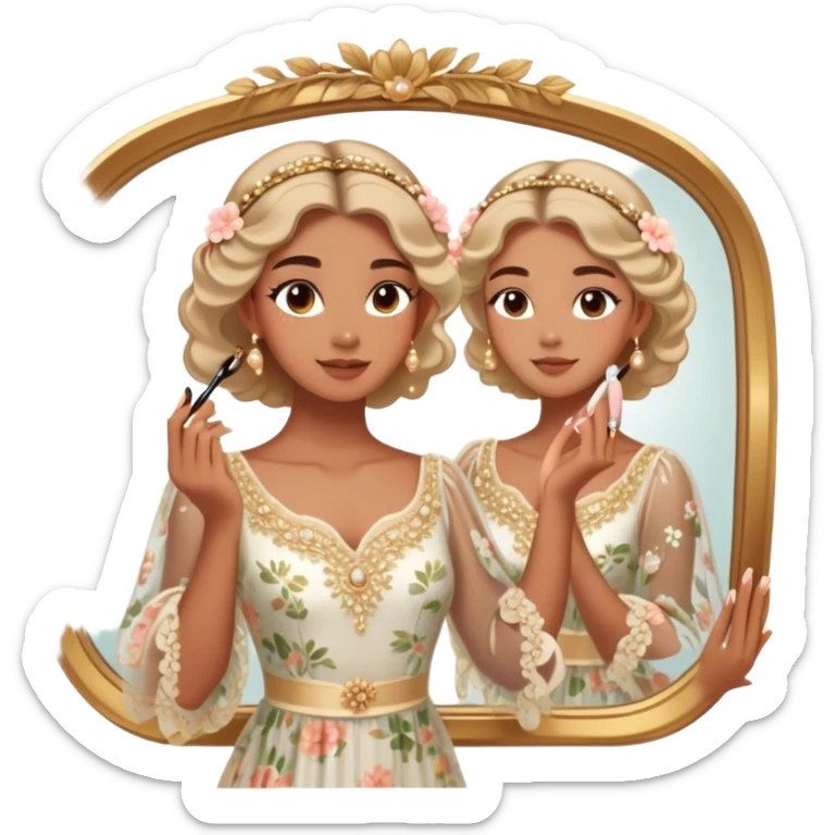  Middle Eastern-inspired moment of a woman getting ready in front of a mirror. She wears a delicate floral dress with sheer, flowy sleeves, accessorized with gold jewelry and traditional pearl-adorned hair clips. Her  as she applies mascara, her reflection revealing a soft smile.  sticker