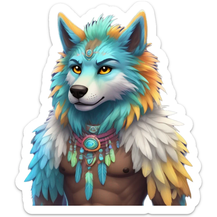 Anthro Fluffy Colorful Shy Spiritual Shamanic WereWolf-sona With Shiny Tribal Markings wearing feathers Full Body sticker