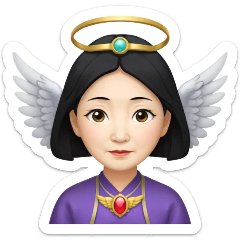 Angel Old Lady with wings black hair asian  smaller eyes w halo sticker