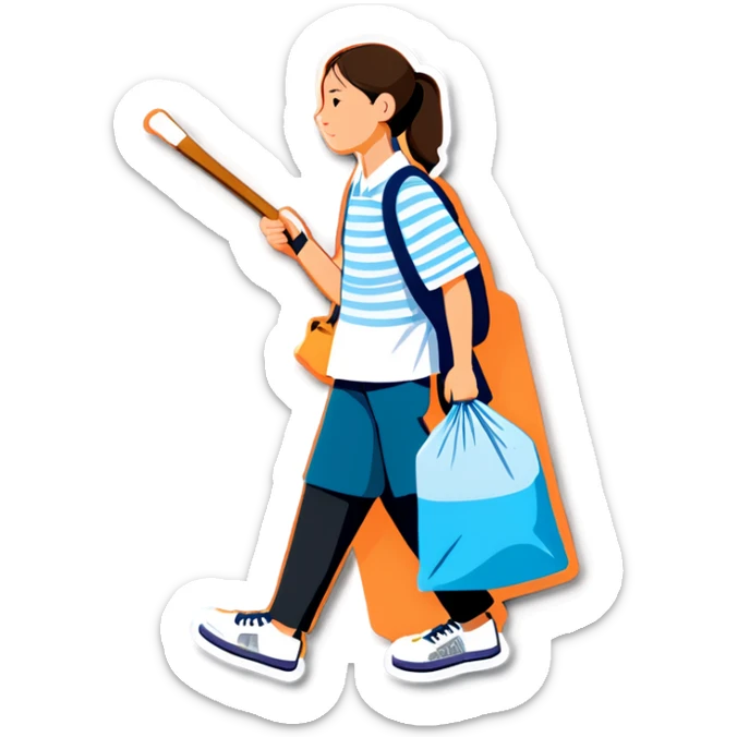 Person walking down the road with belongings in a bag tied to the endo of a stick sticker