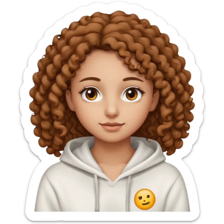 Una ragazza con una felpa semplice bianca,ha gli occhi marroni,i capelli marroni  , c’è gli ha lunghi e ricci molto ricci  ma non troppo e ha le ciglia stile emoji apple sticker