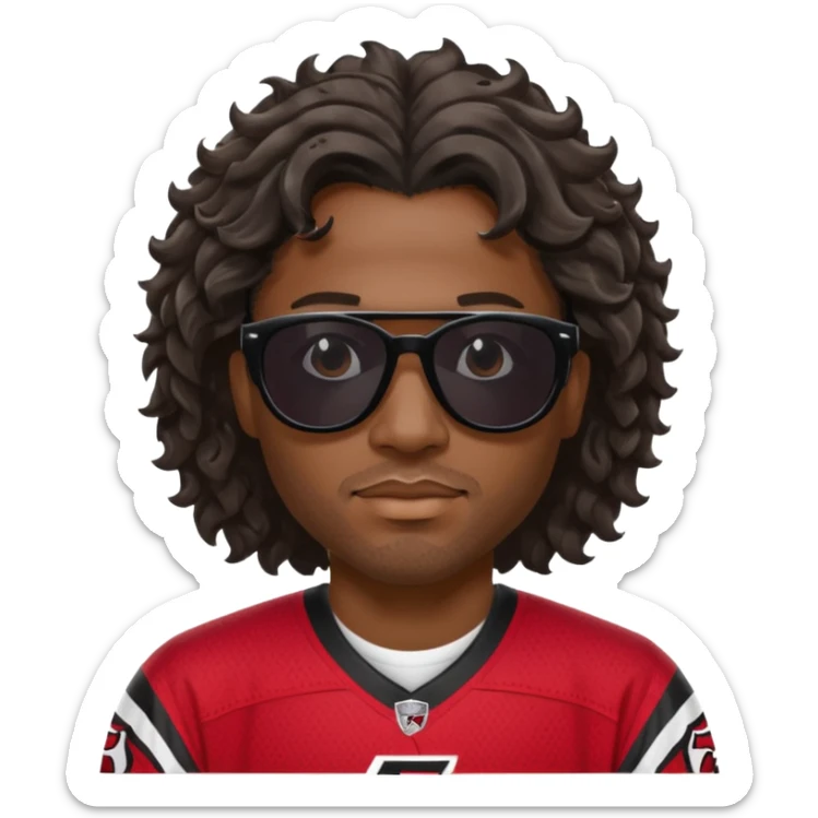 Black man with black sunglasses and wavy
 hair in Atlanta falcons jersey sticker