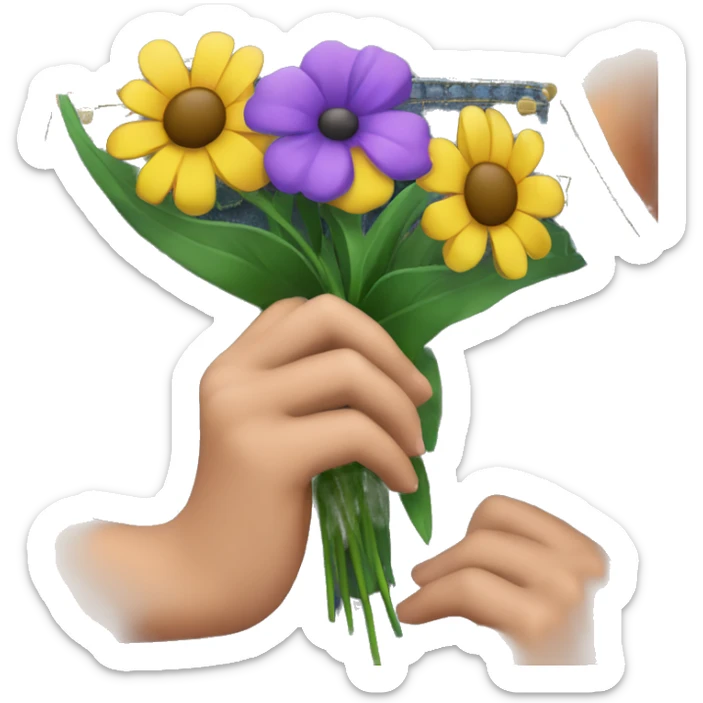 Girls hand holding purple flower bunch at her side grass in background and you can see some of her denim dress sticker
