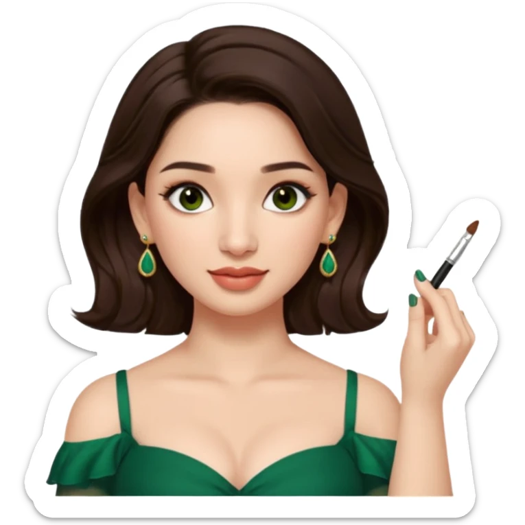 pretty bratz genmoji that looks like tamannah bhatia (bollywood actress), wearing a dark green sweetheart neckline top, dark brown hair, light makeup, no necklace, dangly earrings, side hair part, fair. dark brown eyes


Show her applying something on her face with a finger sticker