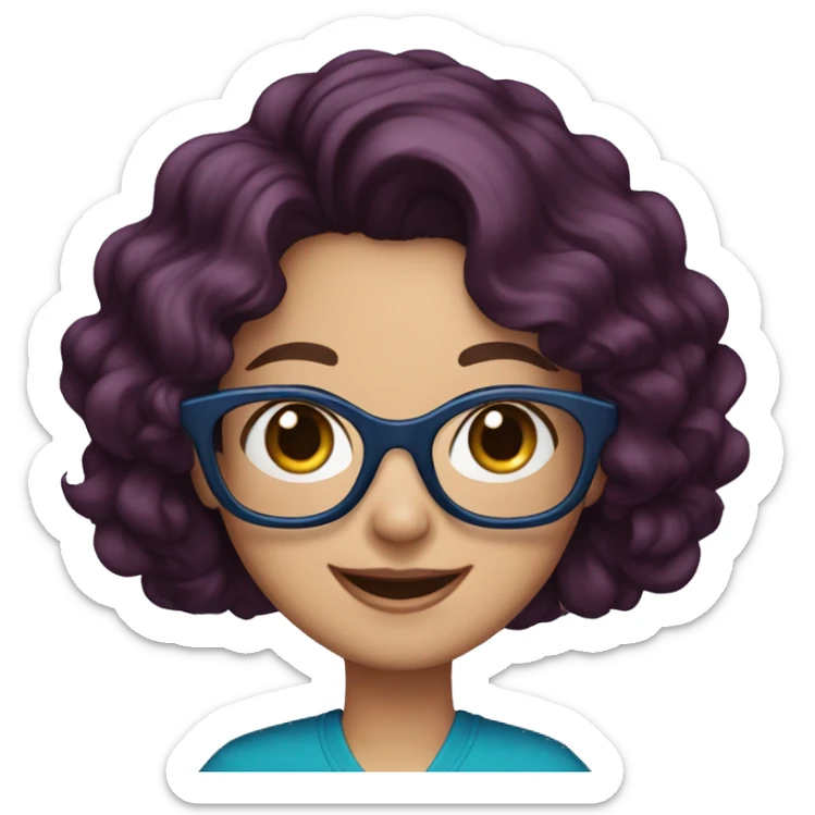 Smiling woman, dark violet wavy hair, blue eyes, big eyeglasses sticker