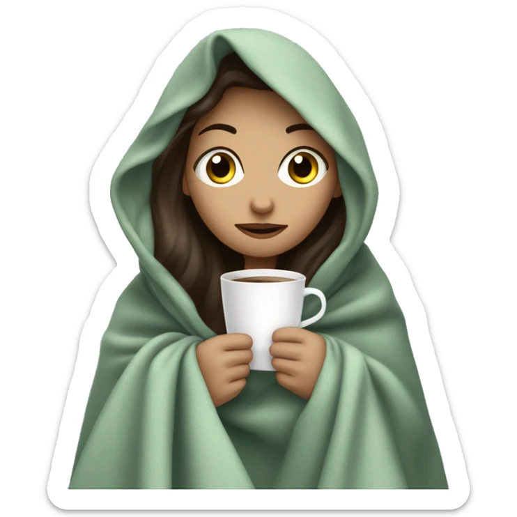 girl inside a blanket sipping coffee eyes grey-green, brunette, white skin ￼ sticker