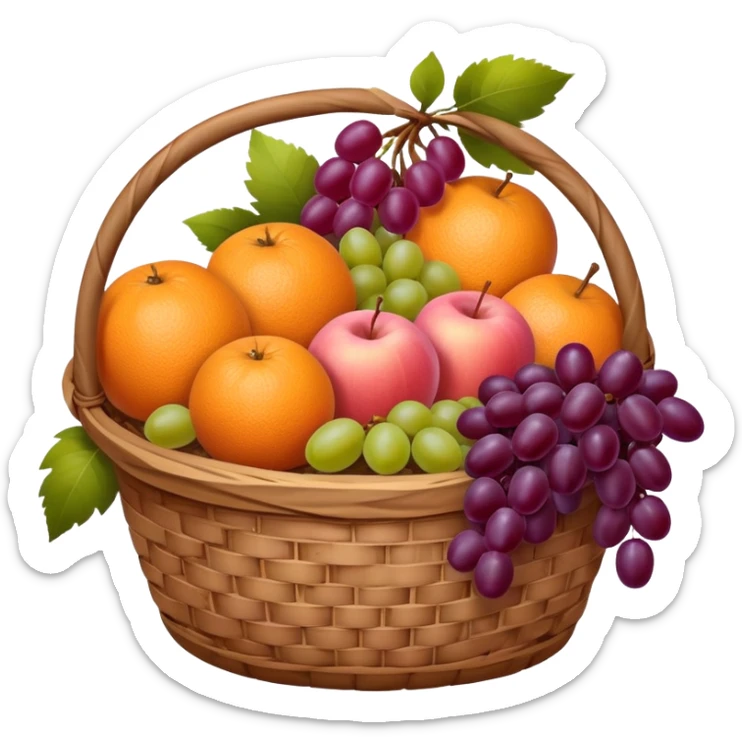 A brown basket of fruits with some pink aesthetic motives on the basket sticker