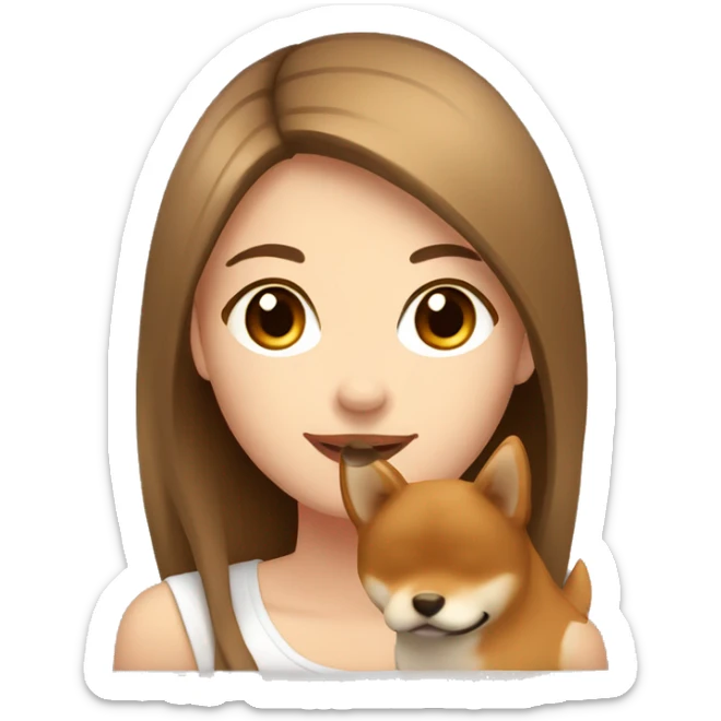 beautiful woman, straight long light brown hair, brown eyes smiling with dog Shiba Inu sticker