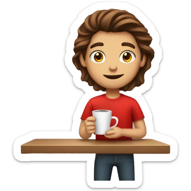 barista boy in a red t-shirt with long brown hair, with a cup of coffee in a hand sticker