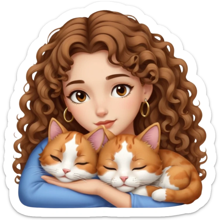 cute balayage curly/wavy haired girl, hoop earrings, brown eyes, clean girl makeup sleeping beauty with her calico cat sleeping sticker