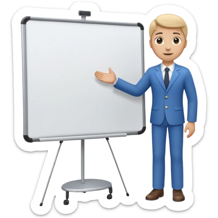 A clean emoji-style illustration of a person giving a presentation, standing next to a large presentation board on a stand, board empty and white, no podium, no desk, no table, friendly proportions, soft 3D emoji style sticker