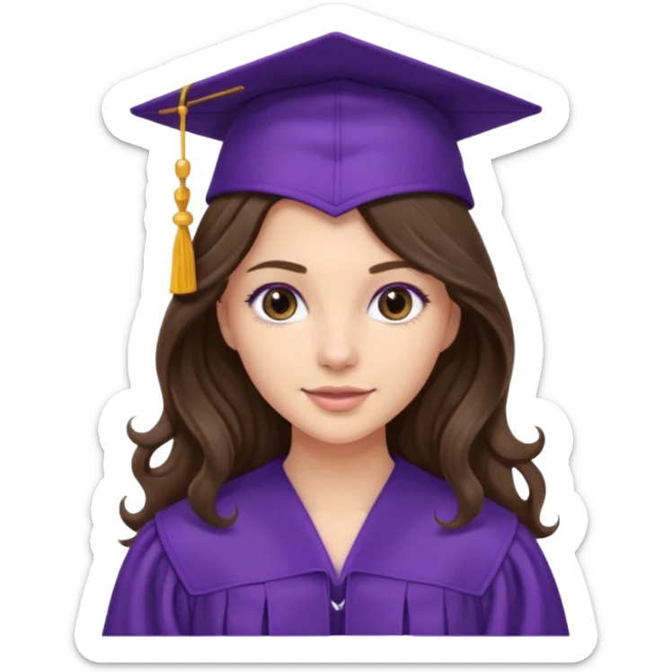 pretty brunette with long wavy hair wearing a purple graduation cap and gown sticker