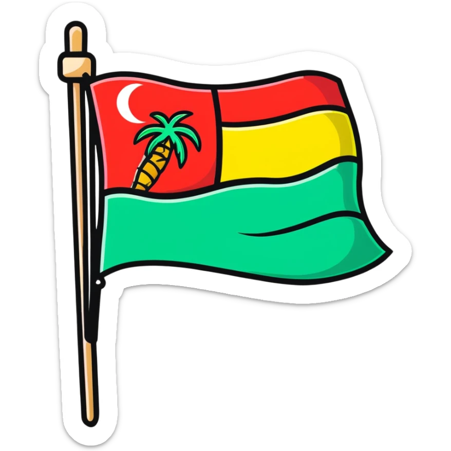 cartoonish sticker of a flag on a stick, bright colors, 'Floptropica' theme sticker